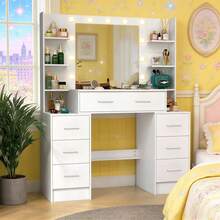 White Dressing Table Set LED Bulbs Large Mirror Vanity Make Up Desk 7 Drawers - White - View 3