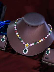 1 套流行多色方晶锆石花朵首饰套装，镀银女士椭圆形 CZ 吊坠耳环和项链，适合婚礼、订婚、宴会、派对、舞会，送给新娘、女友、妻子、圣诞节的礼物 - 彩色 - 查看 7