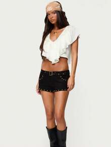 Women's Ruffled V-Neck Crop Top Short Flutter Sleeve Boho Chiffon Blouse - trắng - Xem 4