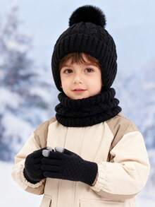 儿童帽子、手套和围巾三件套，带保暖内衬护耳针织帽，冬季保暖配饰，男女童皆宜 - 護耳帽三件套 - 查看 9