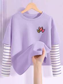 3 قطع تيشيرتات كم طويل كيوت للفتيات الصغيرات، تيشيرتات أنيقة للأطفال، تيشيرتات بتصميم متباين اللون مخطط 2 في 1 - متعدد الألوان - مشاهدة 4