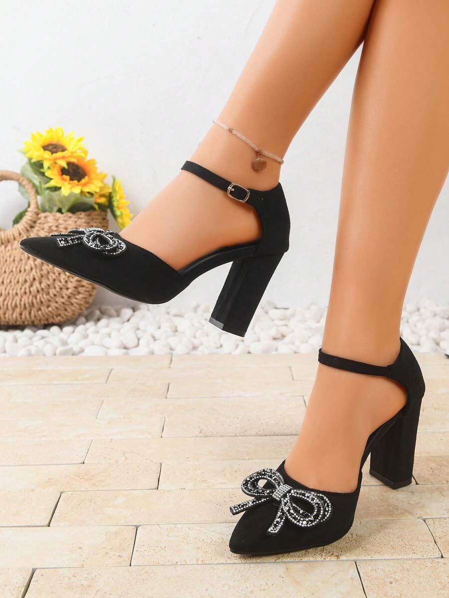 Black High Heel Shoes Bow Tie High Heel Shoes Solid Color Pointed Toe Chunky Heel Hollow Toe High Heel Shoes Fashionable Women's High Heel Shoes, Suitable For Parties And Banquets - Black - View 1
