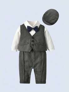 BOARNSEORL 2pcs Baby Boys Gentleman Outfit, Long Sleeve Romper With Bow Tie And Gray Vest, Fashionable & Cute For Birthday Party, Wedding, Christening, 1st Birthday Celebration - Dark Grey - View 3