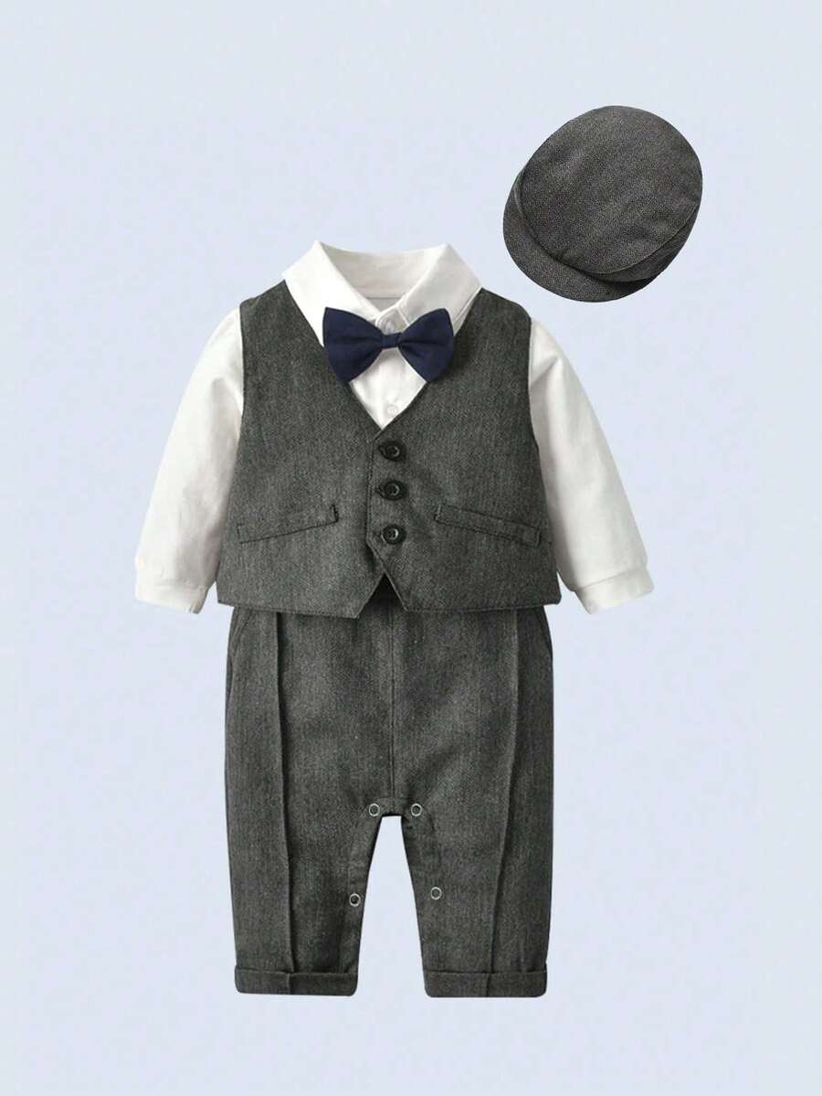 BOARNSEORL 2pcs Baby Boys Gentleman Outfit, Long Sleeve Romper With Bow Tie And Gray Vest, Fashionable & Cute For Birthday Party, Wedding, Christening, 1st Birthday Celebration - Dark Grey - View 1