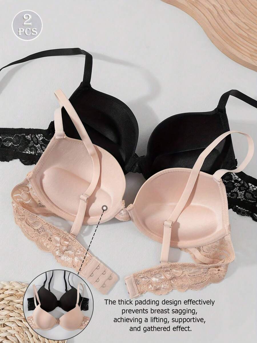 2件套极简性感蕾丝细肩带加厚钢圈文胸，舒适亲肤，可调节肩带，加厚衬里增强支撑，女士提拉丰胸文胸 [建议选购小一码] - 彩色 - 查看 1
