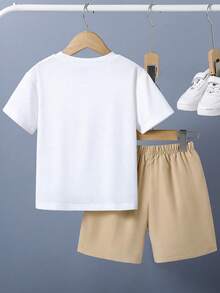 Conjunto de verano de camiseta de manga corta con estampado de dibujos animados y pantalones cortos para niño preadolescente - Blanco - Ver 2