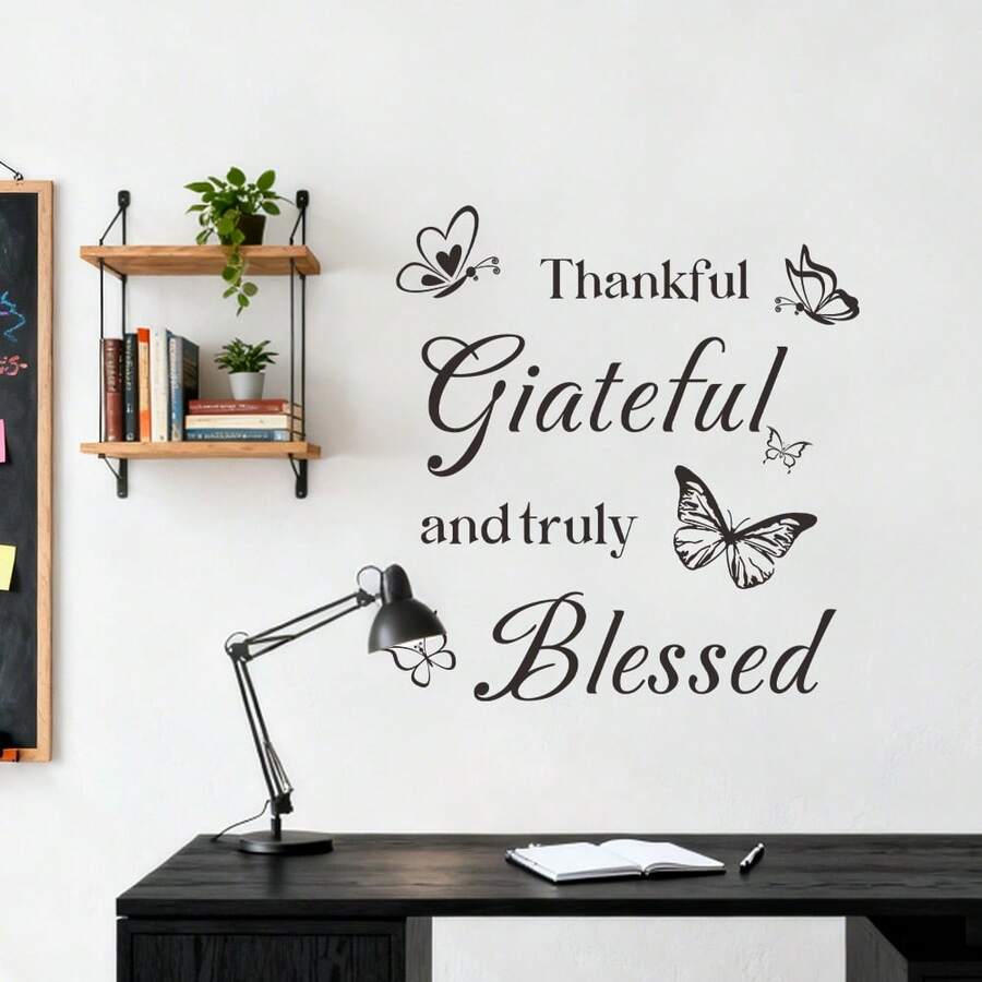 1pc Wall Sticker New Thankful Grateful Letter Butterfly Wall Sticker Study Bedroom Background Wall Sticker Painting - Multicolor - View 1