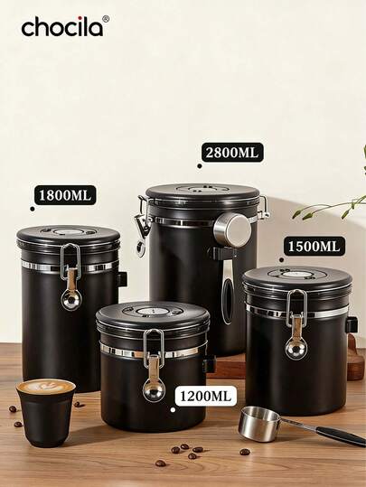 choxila 1个1.2升/1.5升/1.8升咖啡罐，咖啡豆密封储存罐，不锈钢厨房食品储存容器，带日期追踪器和量勺，咖啡配件，适用于研磨咖啡、咖啡豆、茶叶、糖、面粉、谷物等。