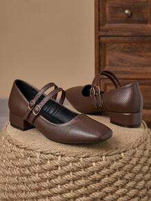 MonaNise 女士3厘米布面包跟黑色时尚百搭藏蓝色、咖啡色、酒红色低跟粗跟优雅玛丽珍鞋 - 棕色 - 查看 2