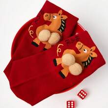 1双女士3D立体马主题趣味袜子，喜庆红色，适合秋冬季穿着 - 彩色 - 查看 4