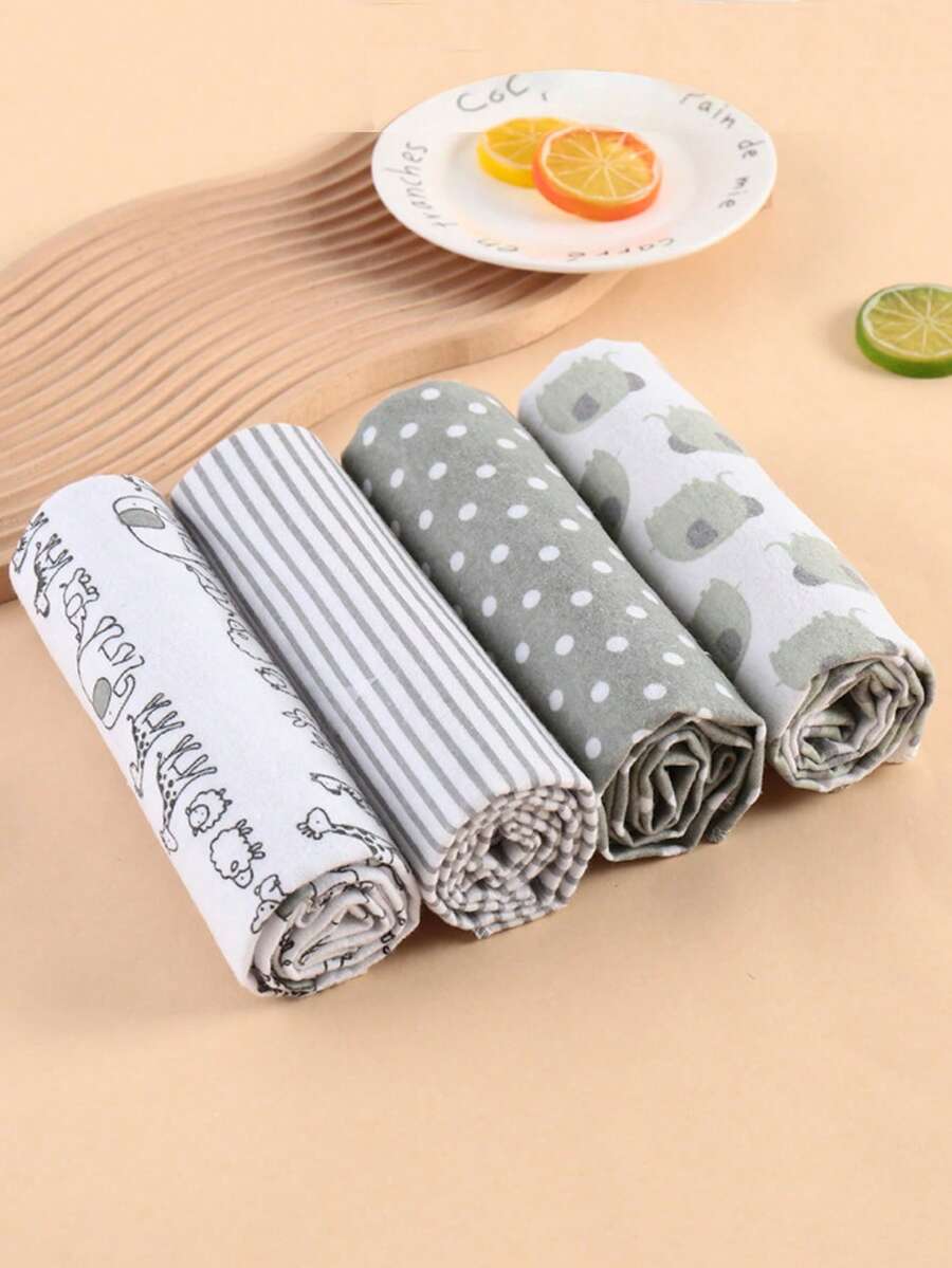 4 piezas de manta de envoltura de bebé impresa con patrón de elefante y mono, hecha de franela para mayor suavidad - Gris - Ver 1