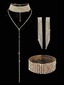 Shiny Sequin Evening Bag And Prom Bag, Fashionable New Women's Party Bag With V-Shaped Bridal Wedding Design, Paired With A Sparkling Three Pieces Evening Rhinestone Jewelry Set: Delicate Y-Shaped Chain Rhinestone Pendant Necklace, Earrings, And Bracelet, Suitable For Girls Attending Parties, Weddings, And Evening Events. - Gold - View 5