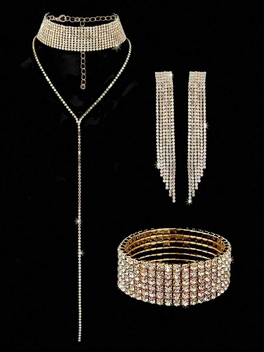 Poșetă de seară și geantă de petrecere cu paiete strălucitoare, poșetă de petrecere pentru doamne la modă, design de nuntă în formă de V pentru mireasă, set de 3 bijuterii din stras strălucitor asortat: colier elegant cu pandantiv în formă de Y, cercei și brățară, potrivit pentru fete care participă la petreceri, nunți și evenimente de seară. - imagine 5