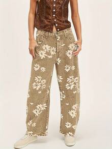Women'S Y2k Distressed Boyfriend Fit Jeans |   Floral Print, Boot Cut, Mid Waist, Button Fly Closure, Casual Style, Suitable For All Seasons - Nhiều màu - Xem 5