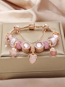 1pc 19cm/7.48in Double Layer Rose Petal Heart Pendant Bracelet, Elegant Handmade Jewelry With Sparkling Rhinestone Polymer Clay Spacer Beads And Snake Chain, Perfect Gift For Mom, Daughter, Sister Or Girlfriend On Valentine's Day, Birthday, Christmas And Anniversary - Rose Gold - View 4