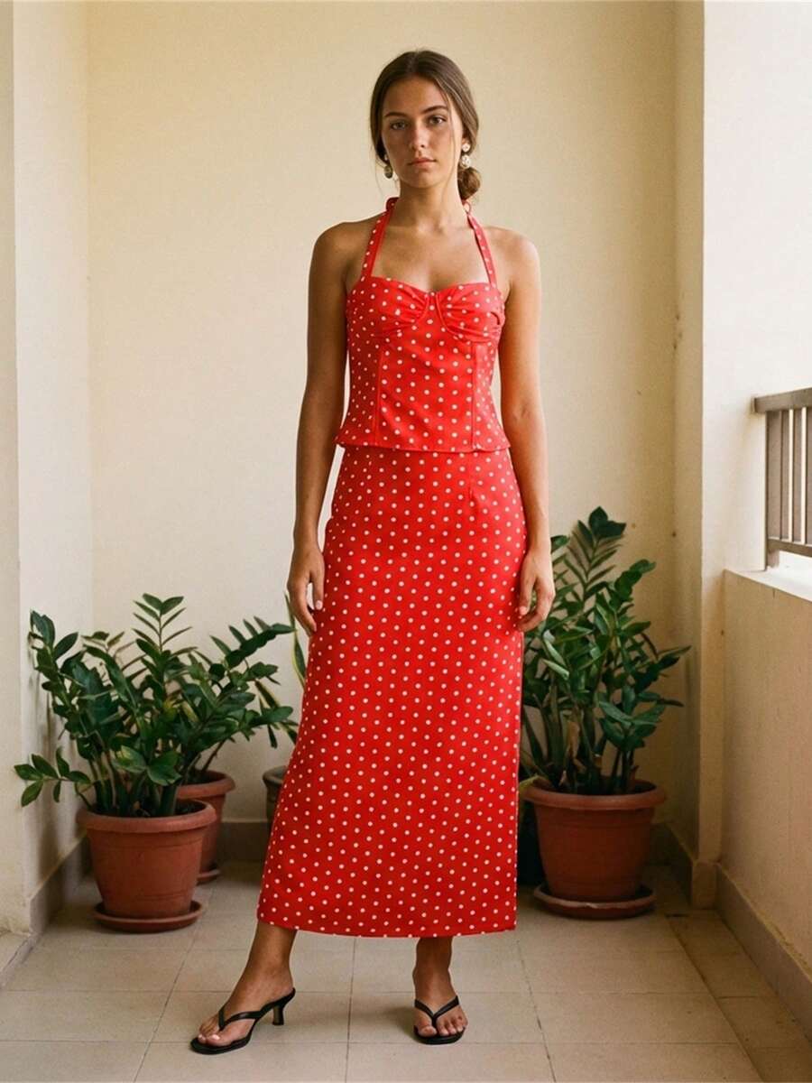 Women Long Skirt Outfit Dot Print Halter Neck Tank Tops And Low Rise Fishtail Skirt 2 Piece Set - 紅色 - 查看 1