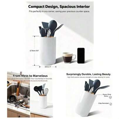 Utensil Holder, Ceramic Utensil Holder Kitchen Counter, Large Cooking Utensil Crocks Kitchen Counter Decor, Plant Vase, Ceramic Vase Utensils, H6.93xD3.98Matte White