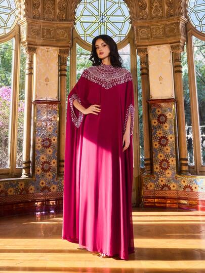 Faeriesty This Elegant Women's Formal Evening Gown Features An Abaya-Style Design, Adorned With Beaded Embellishments And Batwing Sleeves, With A Straight Cut Silhouette. It Is Suitable For Weddings, Galas, Red Carpet Events, Awards Ceremonies, Bridal Photoshoots, And Formal Dinners.