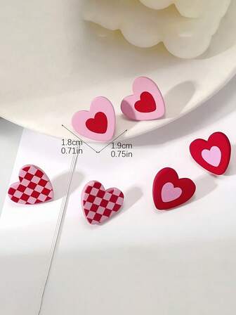 1 set alla hjärtans dag målade färgglada hjärtformade 3 st örhängen, söta godisfärgade keramikliknande textur
