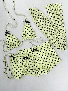 新款女士时尚休闲优雅性感黄色波点印花沙滩度假派对泳装套装，春夏款 - 彩色 - 查看 8