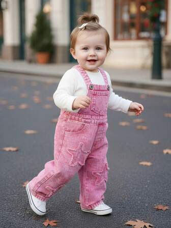 New Baby Girls Washed Denim Embroidered Casual Everyday Versatile Bib Overalls
