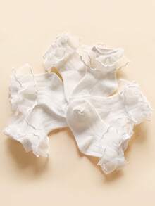 3 Pairs New Lace Anti-Pilling Floral Pattern Socks, Cute Palace Style Thin Mesh Breathable Princess Socks For Baby Girls, Newborns, Children, Lace Trim Non-Tight Solid Color Vertical Stripe Socks - White - View 5