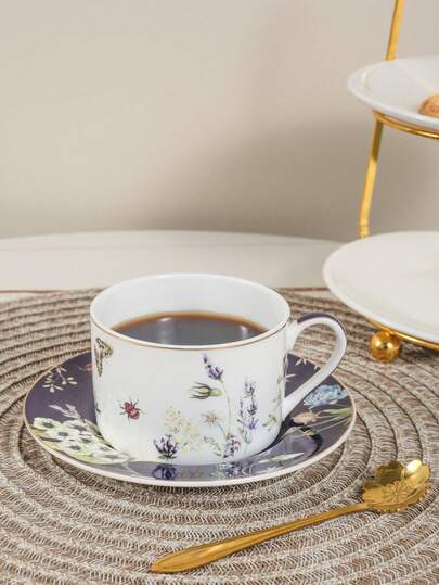 1pc Set Artistic Ceramic Coffee Cup & Saucer, Romantic White & Blue Rose Design, Suitable For Home, Club, Cafe Use