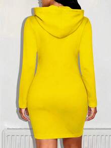 Kangaroo Pocket Drawstring Hoodie Dress,Long Sleeve Tops - Yellow - View 2
