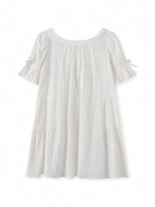 Baby Doll Mini Dress For Women Summer Solid Color Loose Bubble Short Sleeve Scoop Neck Dress - 白色 - 查看 8