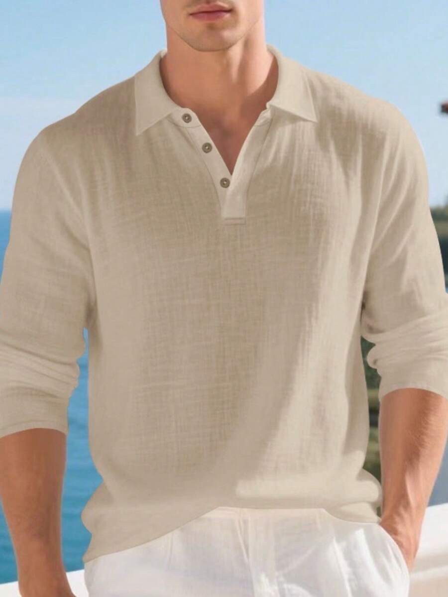 Men's Lightweight Linen Long Sleeve Polo Shirt, Half-Zip Button Design, Breathable And Comfortable, Suitable For Beach, Outdoor Activities, Family Gatherings (Note: White, Light Blue, Khaki, Etc. Colors Are Slightly Sheer; European And American Sizes Run Large, Recommend Ordering One Size Down) - Khaki - View 1
