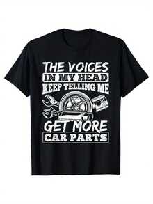 Camiseta divertida de mecánico de coches para hombres - "Las voces en mi cabeza me siguen diciendo que compre más piezas de coche" - Camiseta gráfica automotriz con diseño de llave y motor - Camiseta de cuello redondo de ajuste relajado para entusiastas de los coches, mecánicos - Atuendo casual en blanco y negro - Regalo ideal para amantes de los coches - Ropa de algodón lavable a máquina - Negro - Ver 1