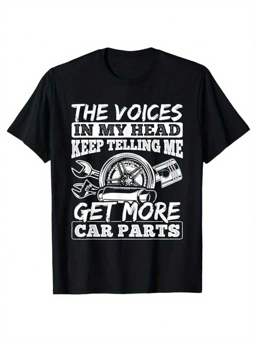 Camiseta divertida de mecánico de coches para hombres - "Las voces en mi cabeza me siguen diciendo que compre más piezas de coche" - Camiseta gráfica automotriz con diseño de llave y motor - Camiseta de cuello redondo de ajuste relajado para entusiastas de los coches, mecánicos - Atuendo casual en blanco y negro - Regalo ideal para amantes de los coches - Ropa de algodón lavable a máquina - Negro - Ver 1