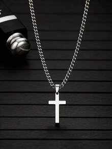 1pc Classic Silver Stainless Steel Cross Pendant Necklace, Party Decoration Accessory, Children's Jewelry Accessory, Religious Accessory - Silver - View 4
