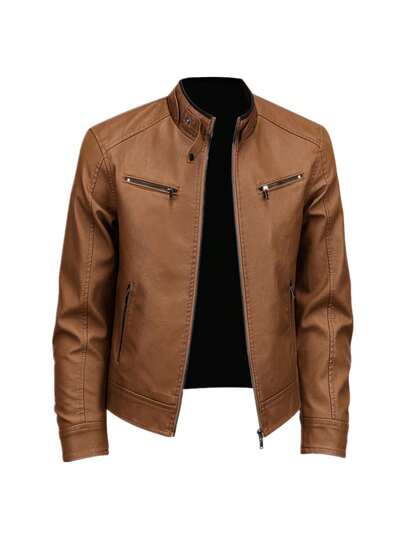 1 pieza Chaqueta de cuero para motocicleta de hombre para otoño/invierno, chaqueta de cuero PU de moda, informal