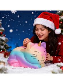 1pc Cat Piggy Bank - White Base With Rainbow Colors, Cute Savings Jar, Coin And Bill Collector, Decorative (Mermaid, Unicorn, Cat Design) - Novelty & Creative, Suitable For Christmas/New Year Gifts - Multicolor - View 6