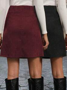 2件套加大码女式纯色休闲家居服半身裙套装，带开衩裙摆 - 彩色 - 查看 2