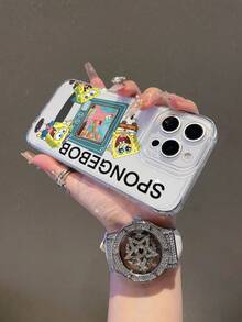 SpongeBob SquarePants 1pc Transparent Space Case Cartoon Spongebob & Letter Pattern Shockproof Phone Case Cover Compatible With Samsung/Apple 17/16/15/14/13/12/11Pro Max/12Pro/14Plus And Other Models - Multicolor - View 4