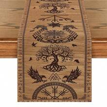 维京生命之树与渡鸦头盔桌旗 - 北欧神话设计，饰有十字架、箭矢和五角星图案，涤纶长方形桌布装饰，适合季节性厨房和家庭聚会装饰 - 彩色 - 查看 13