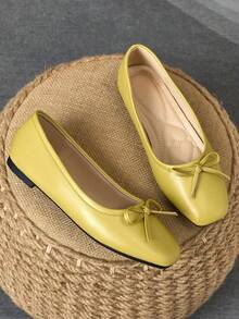 Women Minimalist Yellow-Green Square Toe Flats, Bow Soft Sole Flats For Work & Casual - 芥末黃 - 查看 7