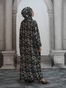 عباءة نسائية طويلة مطبوعة بالزهور مع كابوشون وسحاب، عباءة صلاة عربية مصنوعة من قماش منسوج، فضفاضة ومريحة وقابلة للتنفس، مناسبة لجميع المواسم والعطلات - متعدد الألوان - مشاهدة 3