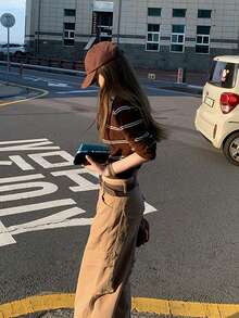 Y6Y 2025新款秋冬棕色条纹Polo针织衫，撞色长袖套头衫，女士