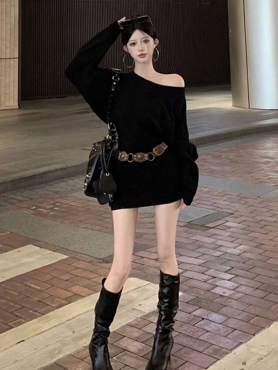 2025新款Y6Y性感露肩长袖毛衣连衣裙，配腰带，修身包臀连衣裙，适合秋季穿着，黑色