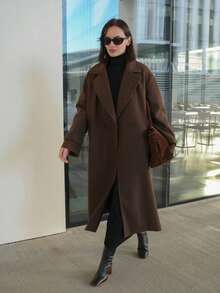 秋冬新款宽松柔软羊毛大衣，女士通勤休闲百搭优雅外套 - 咖啡棕 - 查看 5
