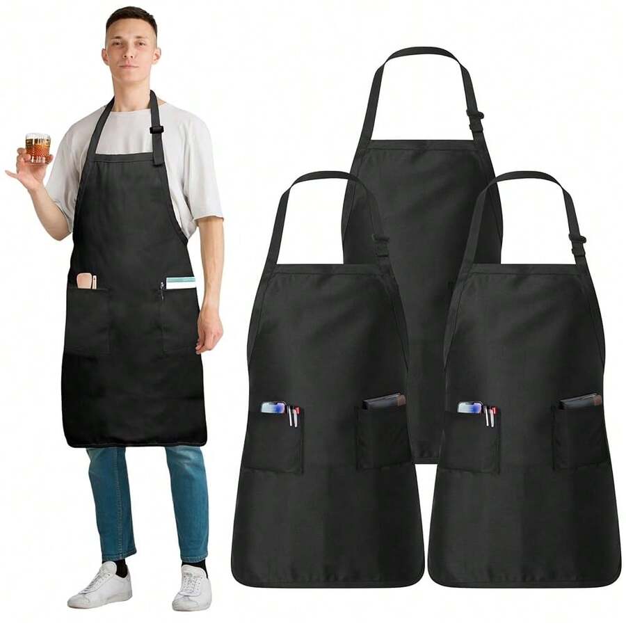 Adjustable Cotton Chef Aprons With 2 Pockets And Complimentary Bandana, Kitchen Apron For Women And Men,3Pack-Black - 3件裝-黑色 - 查看 1
