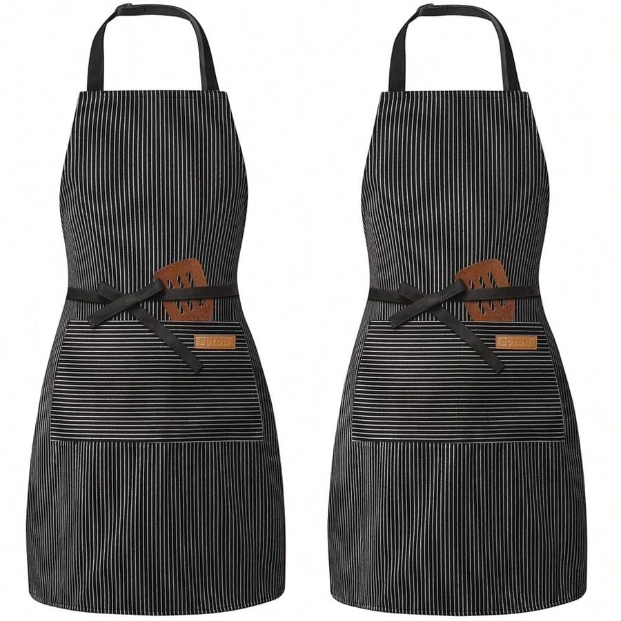 2 Pack Adjustable Bib Apron With 2 Pockets Chef CooFKing Kitchen Restaurant Aprons For Women Men,BlackPinstripe - 黑色細條紋 - 查看 1
