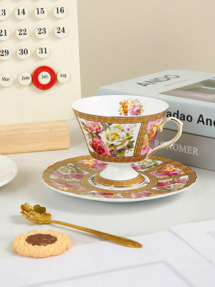 1pc Set Premium Coffee Cup And Saucer, Ceramic Material, Pink Cup And Saucer, Coffee Utensils, Suitable For Home, Office, Cafe Use - Multicolor - View 1