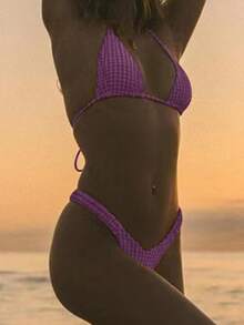 PEPPERMOLLY New Plaid Soft Halter Tie Back Cute Bikini, Women Summer Beach Fashion Swimwear Set, Rose Red - Hot Pink - View 7