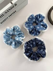 3个情人节女士时尚优雅牛仔爱心印花蕾丝发圈，马尾辫发饰，适合节日、派对、送礼、日常穿搭，波西米亚风优雅发绳 - 彩色 - 查看 10