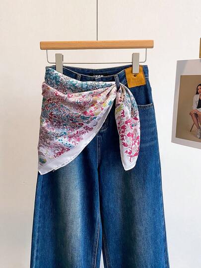1pc Elegant Floral Print 70cm Silk-Like Square Scarf, Versatile Bandana, Waist Belt, Hair Accessory, Fashion Neck Scarf For Women