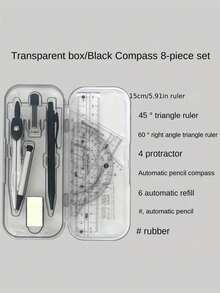 8pcs Transparent Plastic Geometric Compass And Ruler Set - Durable Drawing Tool Kit, Includes Protractor, Triangle Rulers And Eraser, Suitable For School And Art Projects - Transparent - View 6